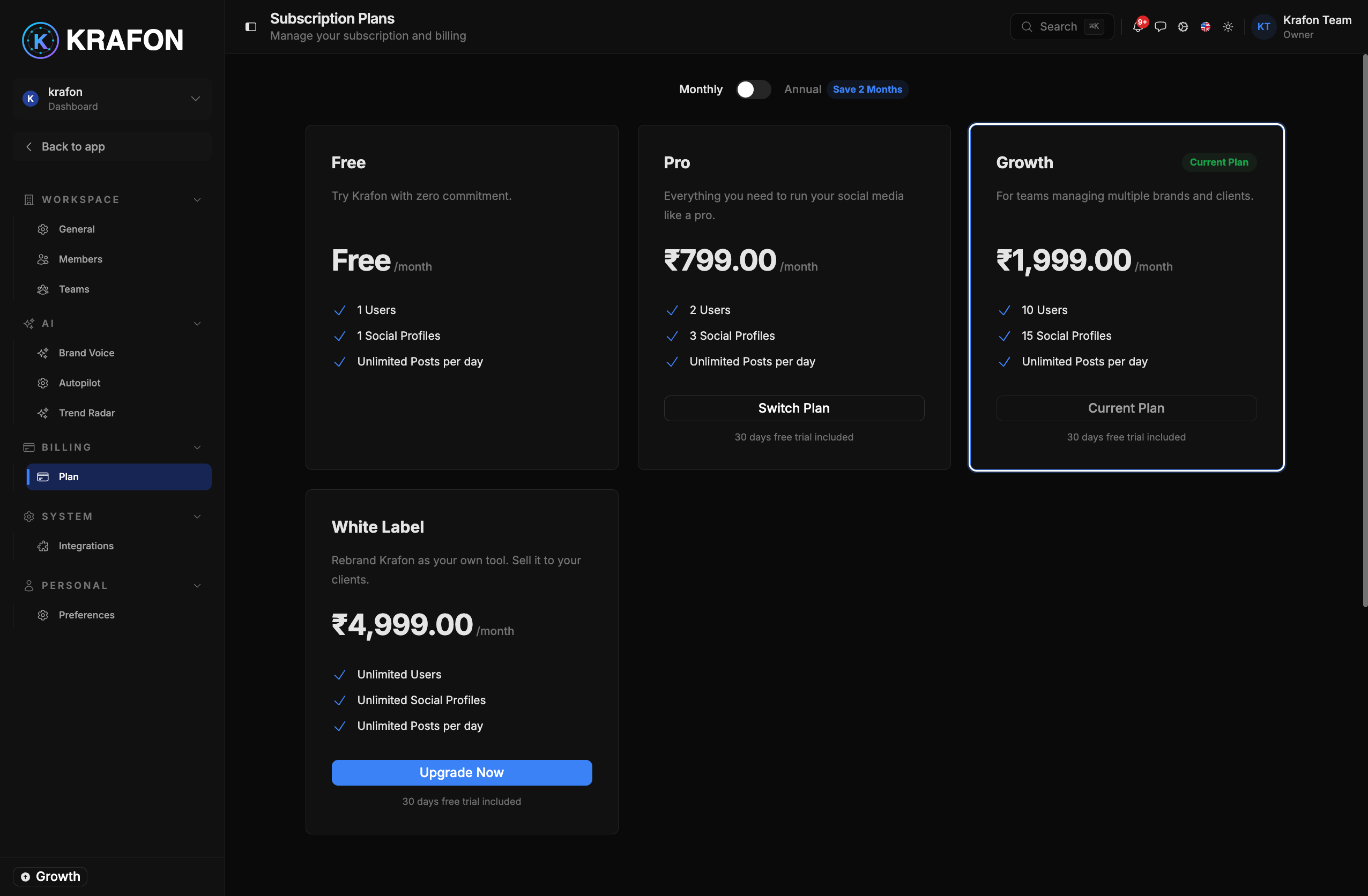 The Plans &amp; billing page