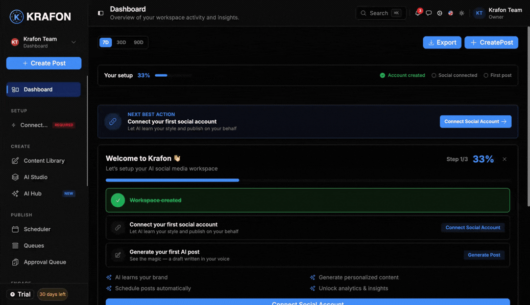 The Krafon workspace dropdown in the sidebar