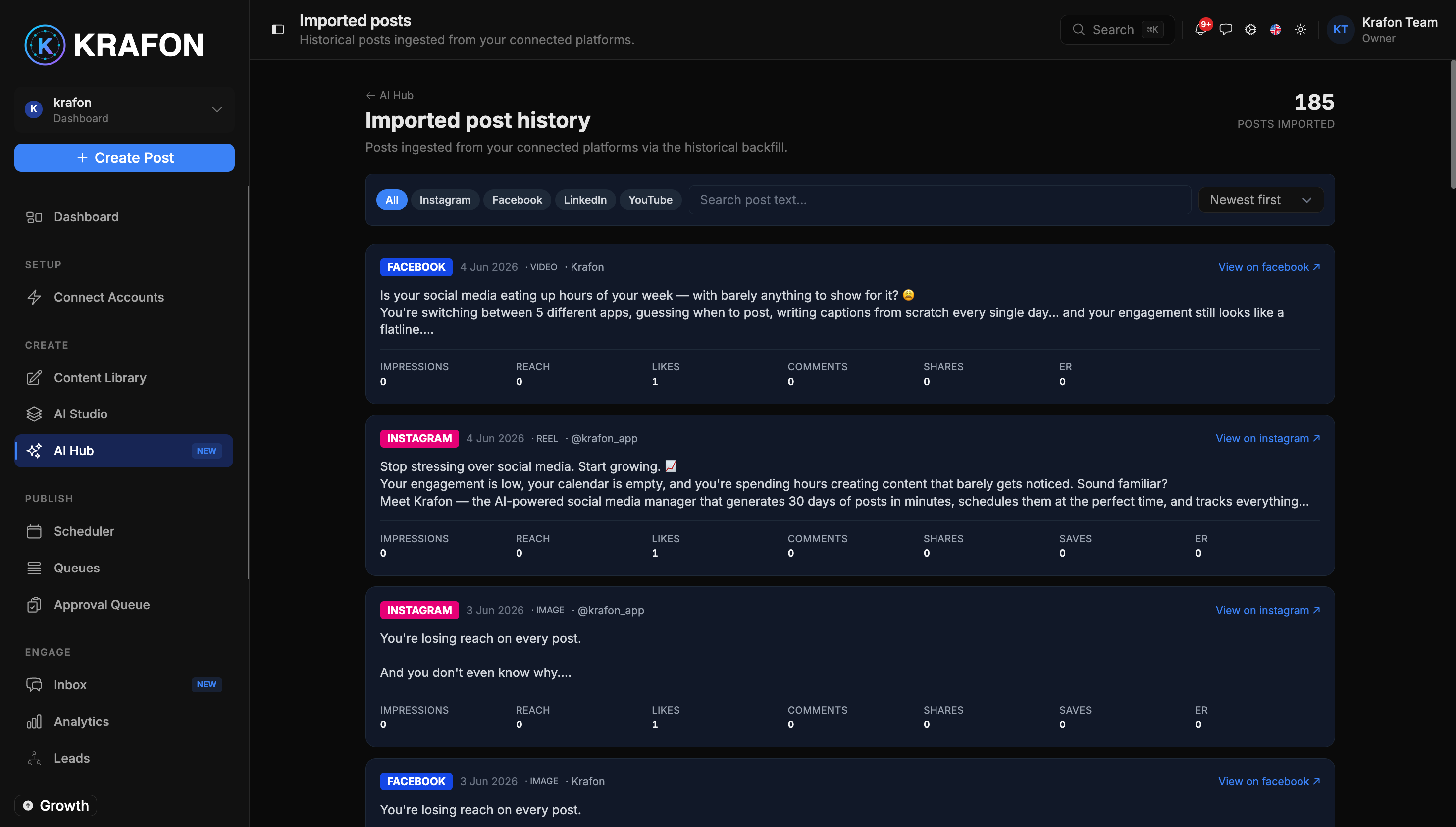 Imported Posts list backfilled from connected platforms