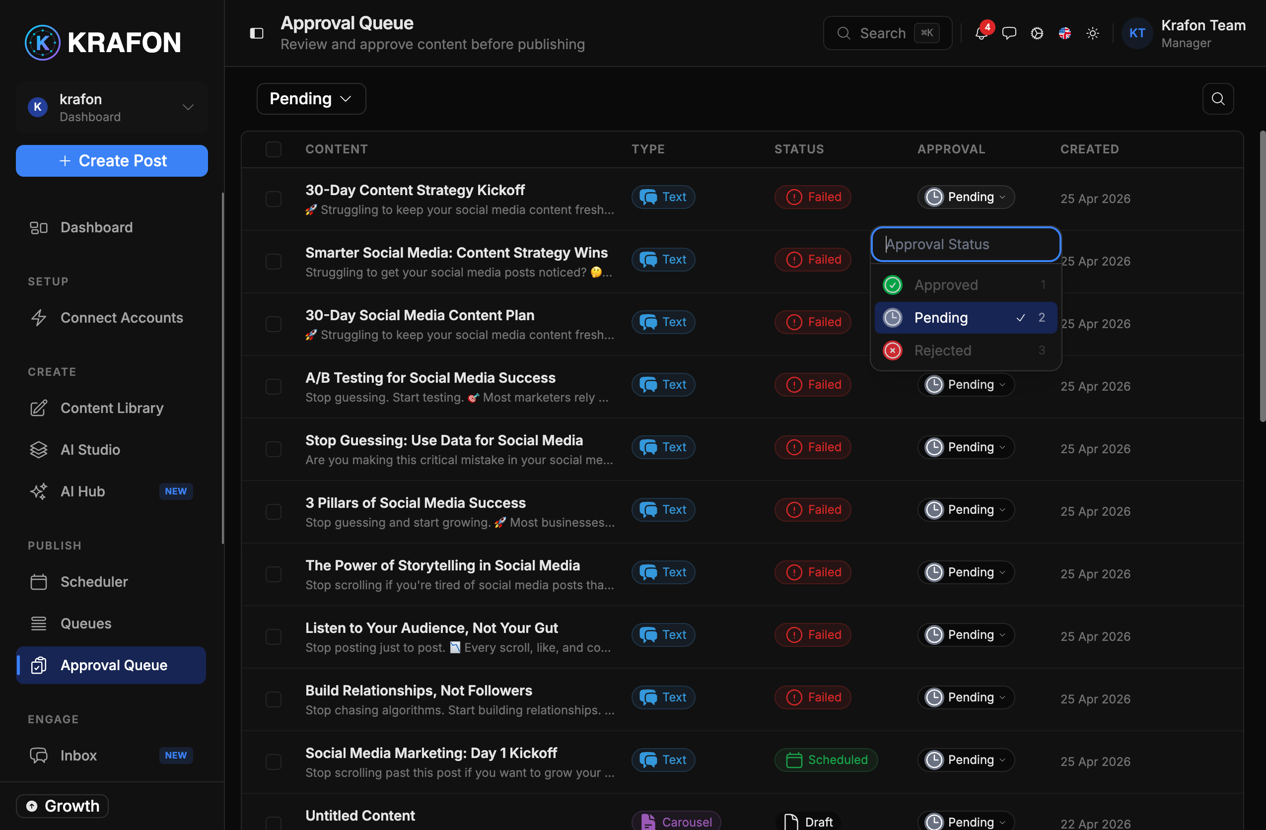 Approval Queue with approve, revise, and reject actions