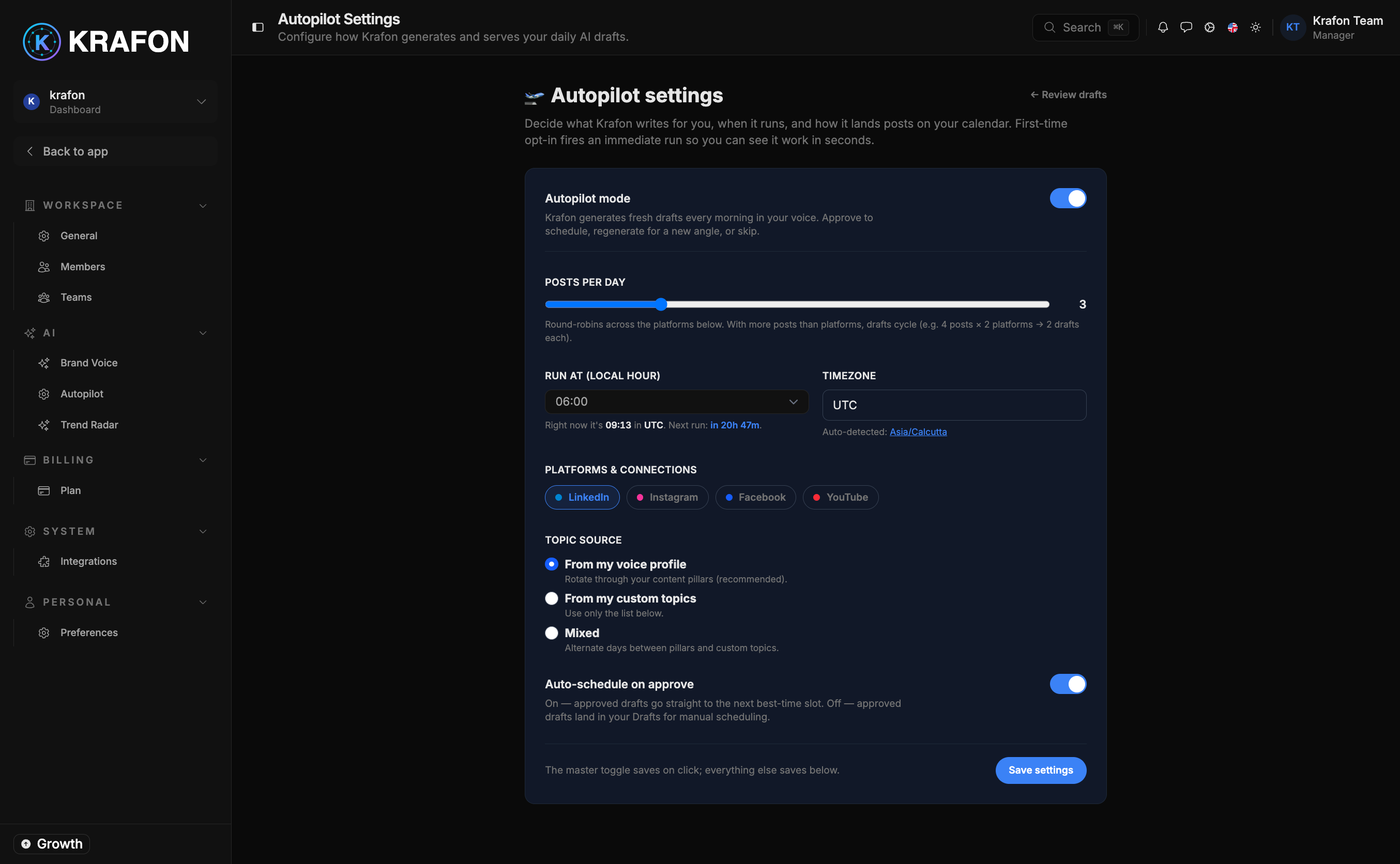 Autopilot settings with generation cadence and target queue