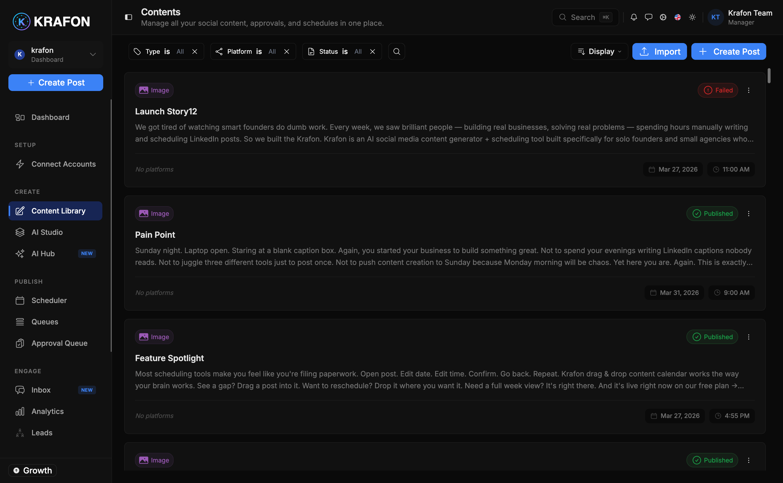 Content Library list with filters and bulk action bar