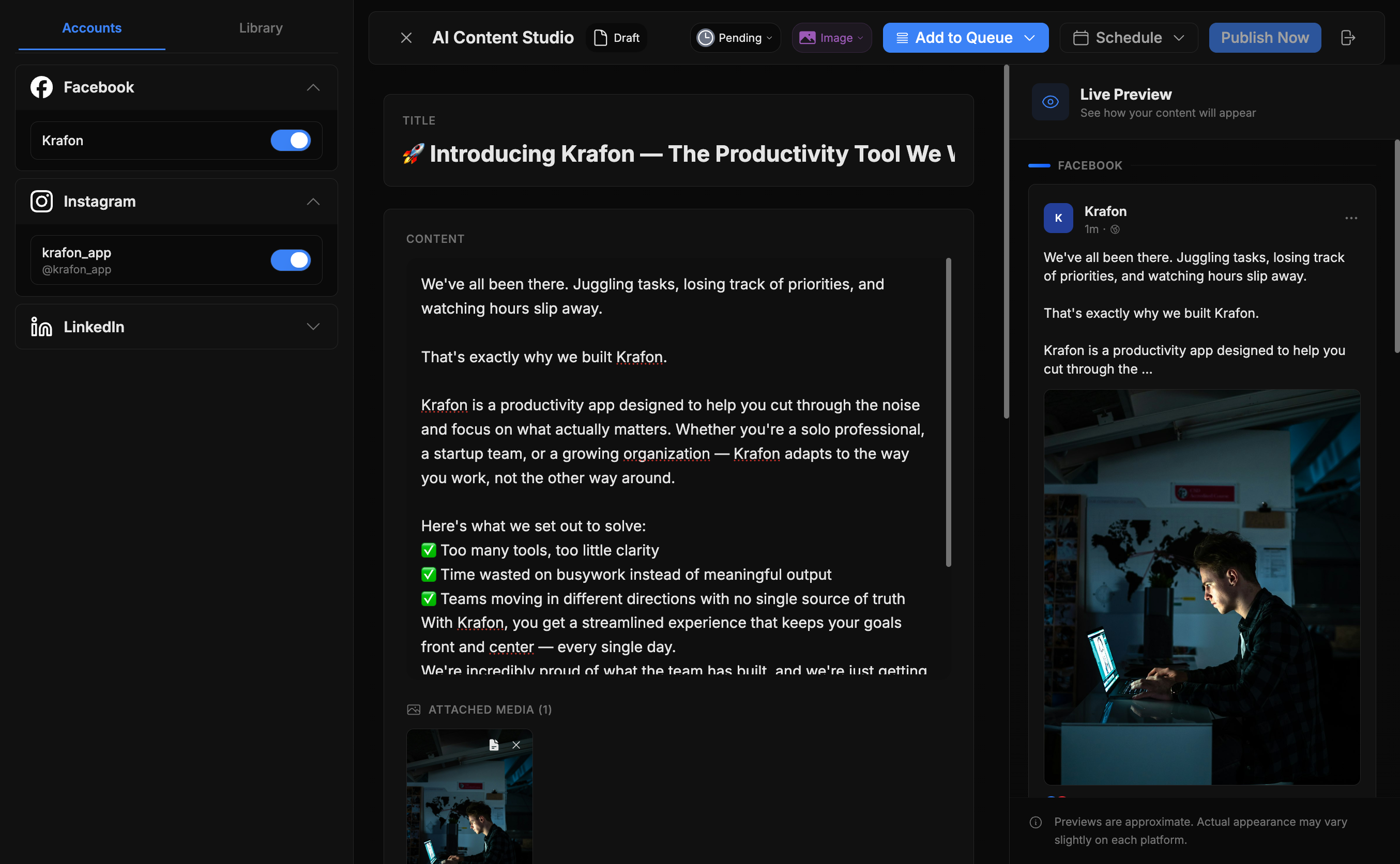 Content Studio editor with live platform previews
