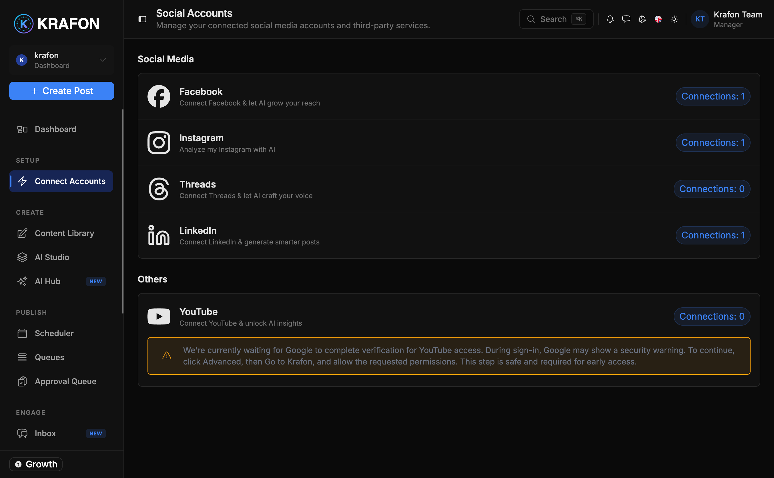 Krafon connect accounts page