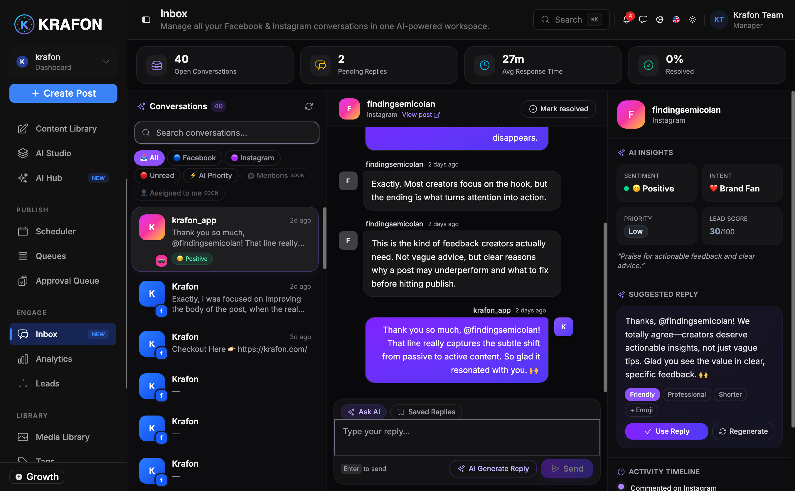 Krafon unified inbox combined thread view with platform badges