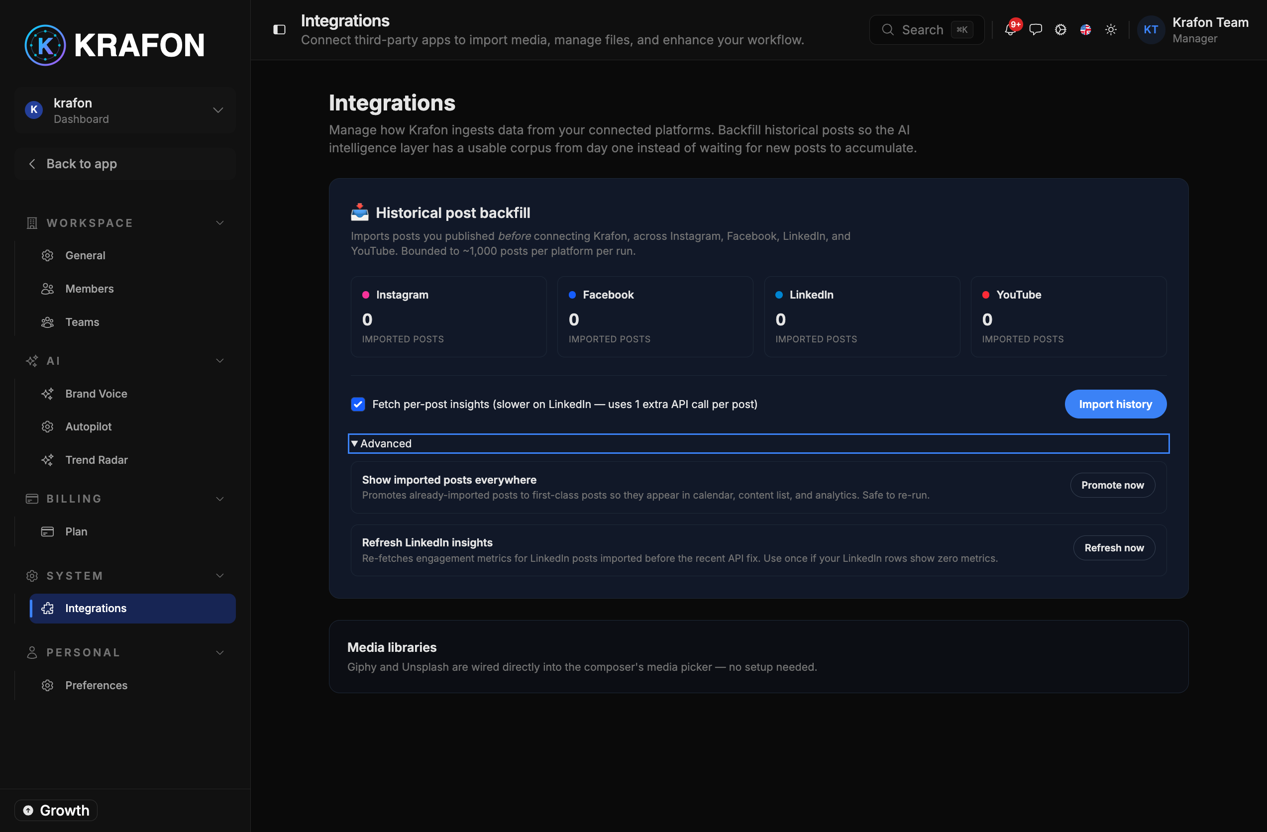 The Settings Integrations page with media and storage services