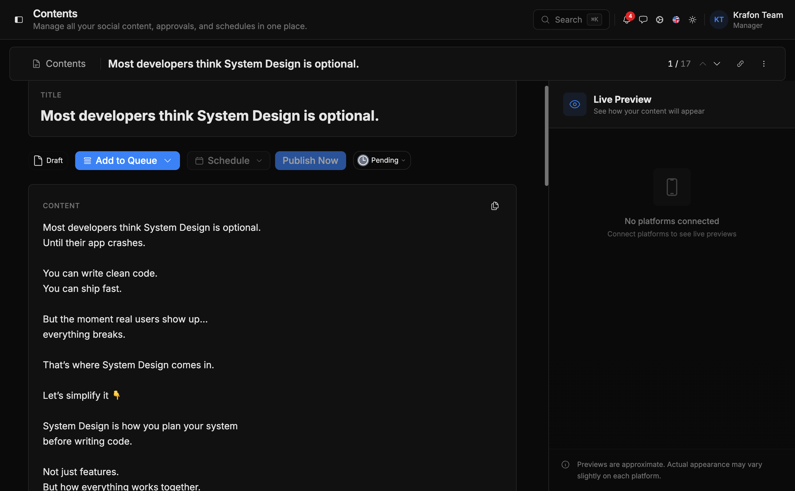 Content Library grid of generated draft posts