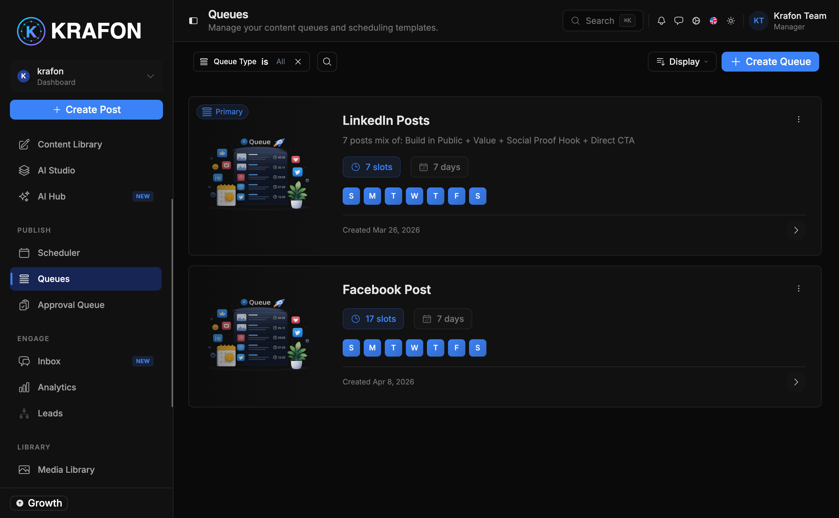 Queue list showing cadence and filled slots
