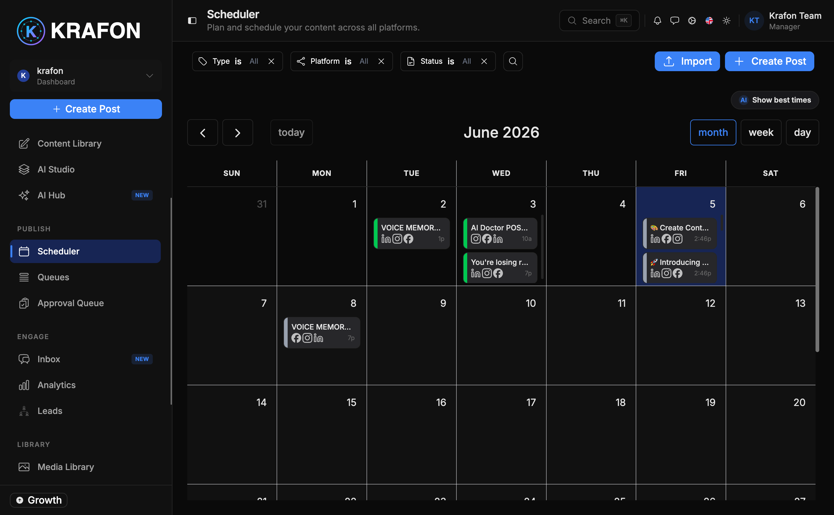 Monthly calendar in the Scheduler with color-coded posts