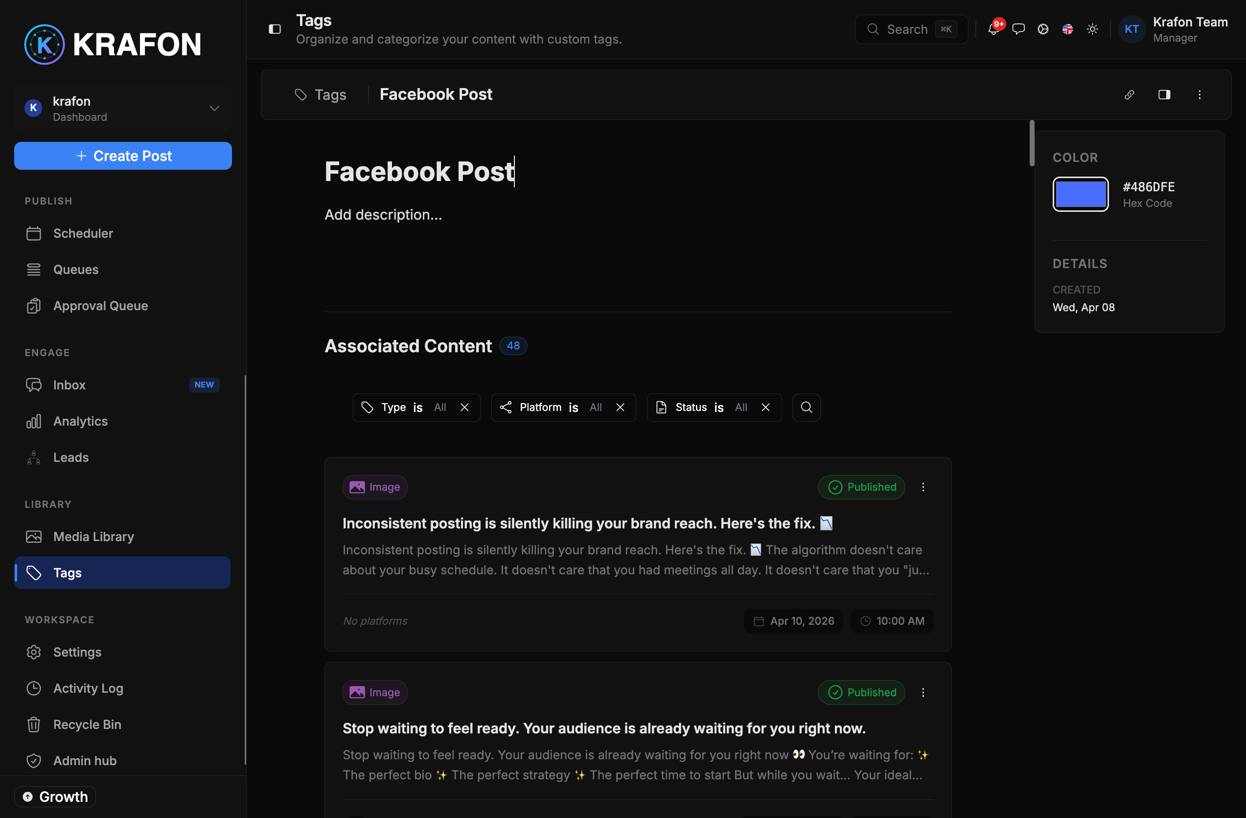 Tags manager showing monthly content themes