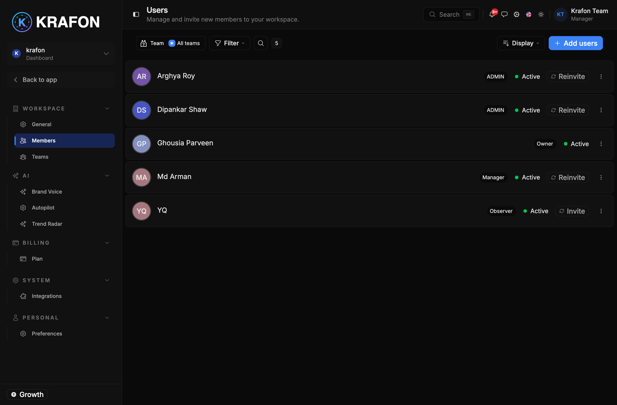 Team members list with assigned roles