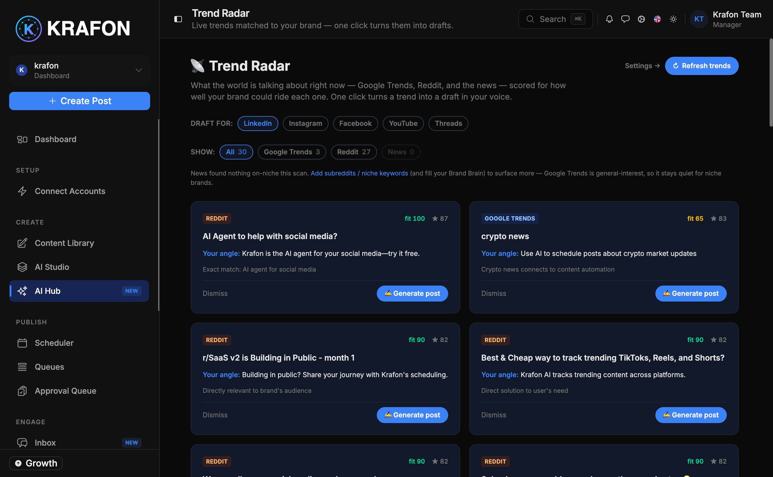 Trend Radar surfacing relevant trending topics